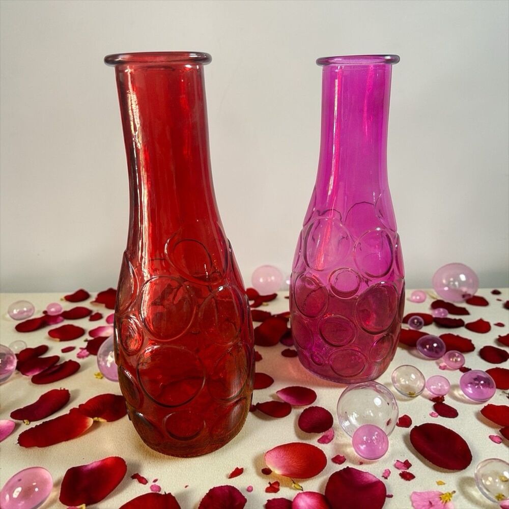 Vintage DPS Circles Vases Red Pink Dots Pair Set 8.5in Retro Mid Century Glass